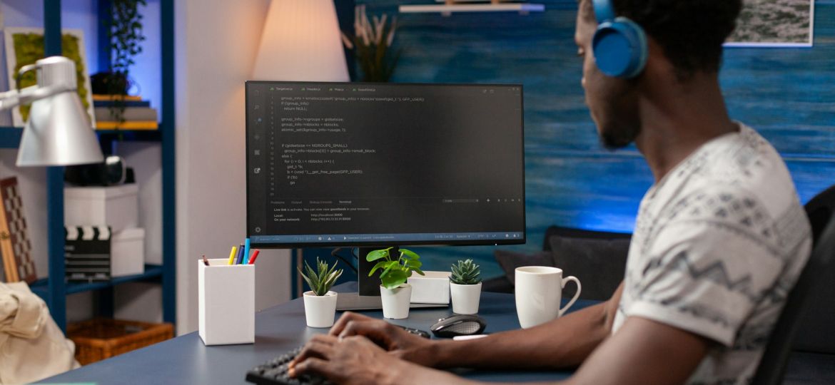African american coder employee programming business code