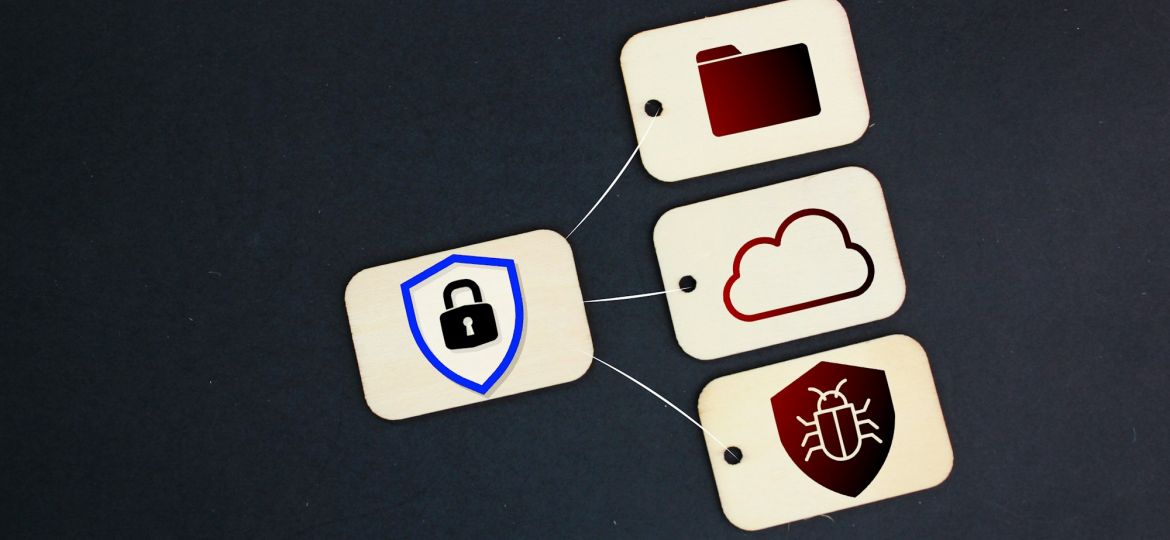 Tag wood with icons of security, antivirus, cloud and folder.