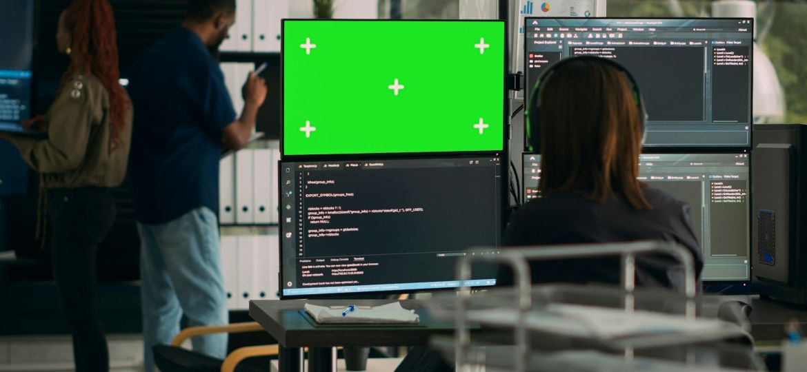Software developer analyzing greenscreen and server code on multiple monitors